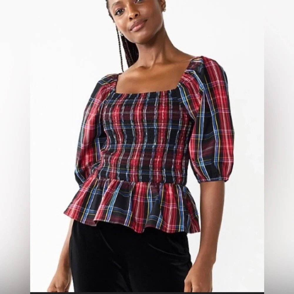 Draper James RSVP Women's Elbow Sleeve Smocked Peplum Top Large Red/Blac